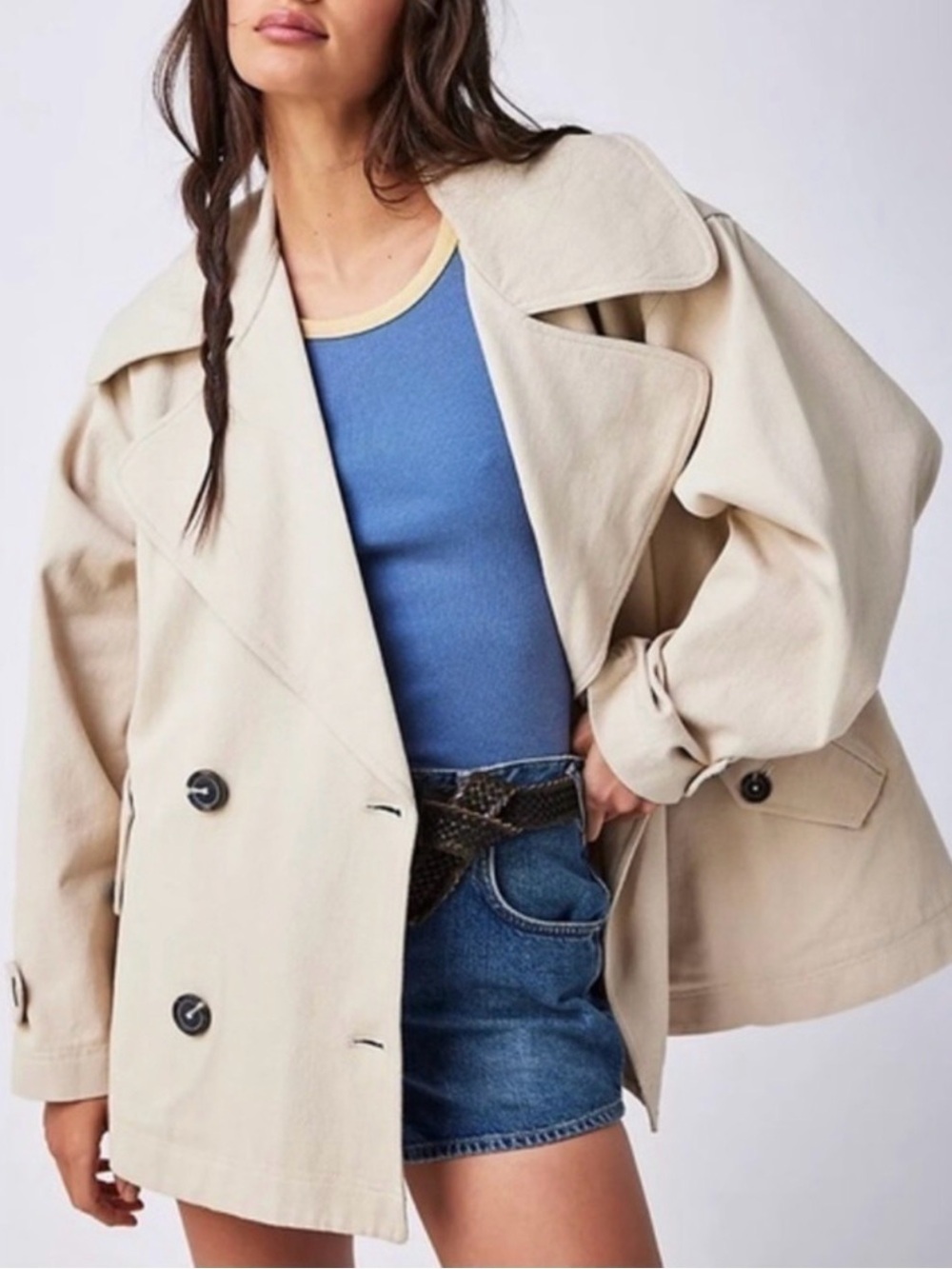 Free People Barn Coat Ivory Double Breasted Cropped Trench Peacoat Jacket XS